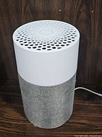 Full view of Blueair Blue 3210 air purifier showing white top with circular holes and grey fabric body.