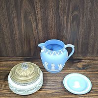 Photo showing the three items together: Jasperware pitcher, trinket dish, and brass lidded dish.