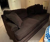 Front view of dark brown fabric sofa with cushions in a living room.