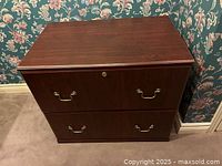 Front view of closed two-door wooden filing cabinet showing brass-tone drawer handles.