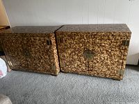 Two matching faux burl laminate cabinets side by side, front view at slight angle