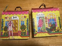 Front views of the Barbie Housemate and Francie & Casey Housemate carrying cases showing colorful 1960s style illustrations and carrying handles.