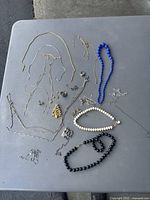 Overview of all jewelry including necklaces, pins, earrings, and rings laid out on a table