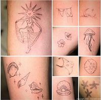 Collage of fine line tattoo examples featuring botanical, shells, jellyfish, starfish, moon, and laundry line with clothes