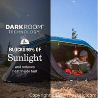 Tent with text highlighting Dark Room Technology blocks 90% sunlight and reduces heat inside tent