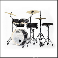 Front view of complete electronic drum kit assembled on chrome rack