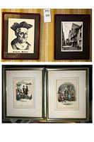 Four framed prints displayed: two black-and-white engravings above two hand-colored prints