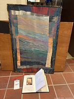 Front view of abstract painting 'Rainbow's End' by Sky Jones with appraisal and certificate documents displayed below.
