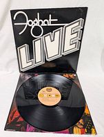 Black vinyl record LP with peach center label, partially slid out of inner sleeve showing record surface.