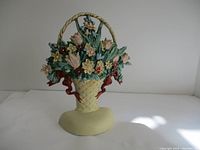 Photo of cast iron floral basket door stop showing front angle, highlighting colors and details.