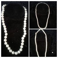 Three photos showing three different vintage pearl necklaces arranged on a black velvet display stand.