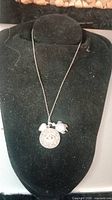 Front view of the sterling silver necklace displayed on a black stand showing the turtle, medallion, and heart pendants clearly.