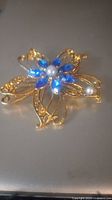 Front detailed image of antique blue rhinestone and pearl brooch