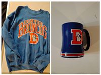 Side-by-side photos of the blue Denver Broncos vintage sweatshirt and the blue NFL Broncos mug featuring the old Broncos logo.