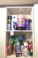 Shelf with various cleaning and household products including PineSol, Raid, Lysol, Twinkle, and Glade items.