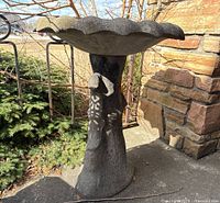 Full view of the concrete bird bath showing the scalloped edge basin and decorative pedestal.