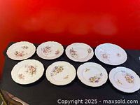 Eight antique French floral dessert plates laid out on a black cloth with a red background. Plates feature various multicolored floral designs.