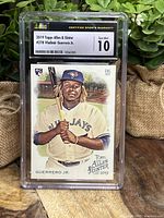 Front view of the 2019 Topps Allen & Ginter Vladimir Guerrero Jr rookie card graded Gem Mint 10 by CSG in a clear plastic slab.