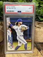 Front view of the Bo Bichette rookie baseball card graded PSA 9, showing player in Blue Jays uniform and card details.