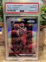 Front of the 2018 Panini Prizm #103 Fred VanVleet Hyper Prizm basketball card showing player image and PSA Gem Mint 10 label.