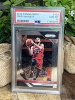 Front view of the graded Fred VanVleet 2018 Panini Prizm basketball card in PSA 10 Gem Mint condition showing action image of player in Raptors uniform.