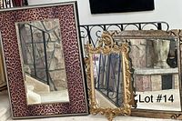 Set of seven mirrors showing various sizes and styles, including leopard print, ornate gold frame, and dark wood frame