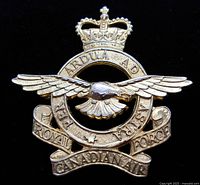Front view of the gold-tone Royal Canadian Air Force cap badge lug fastener showing detailed emblem and inscriptions.