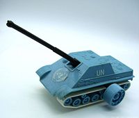 Blue plastic and die-cast toy tank with United Nations emblem and 'UN' marking, showing the side profile with friction wheel and tank tracks.
