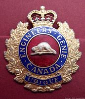 Front view of the metal cap badge showing detailed engraving, colored enamel, and the beaver emblem, highlighting the badge's design and condition.