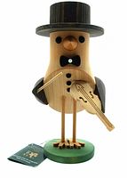 Front view of the wooden bird musician figurine holding a violin and bow, showing detailed woodwork and original tags.