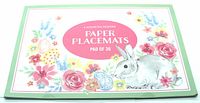 Front of packaging showing floral border, rabbit, and text indicating pad of 36 assorted paper placemats