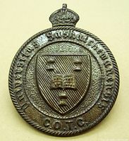 Front view of the Canadian Officers' Training Corps cap badge showing crown, shield with open books, and lettering.