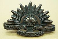 Front view of the Rising Sun cap badge showing sun rays, crown, and scroll with inscription
