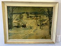 Full front view of framed artwork showing the entire Vermont wintry landscape painting in muted colors with snow-covered structures and trees.