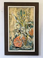 Front view of the framed oil painting showing the full piece with harvest themed pumpkins and stalks.