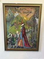 Front view of framed mixed media painting showing Gandalf holding an orb, Frodo looking up, detailed fantasy landscape with castle, birds and trees.