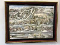 Framed oil painting depicting a winter ski landscape of Bromont in 1979.