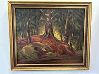 Front view of the framed oil painting titled "The Mound" depicting a forest mound scene by artist C A Cooper.