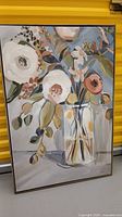 Full view of the floral artwork depicting flowers in a glass vase with impressionist style brushwork and hand painted details.