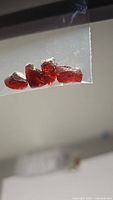 Five natural cherry red garnet crystals on a transparent sheet shown under light to highlight color and clarity.