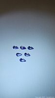 Six pear-shaped purple-blue Tanzanite gemstones laid out on a white or light background, showing size and color.