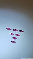 Seven marquis cut rubies arranged in a cluster on a light background showing deep red to purple hues and faceting details.