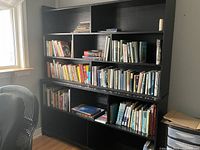 Wide angle photo of two-section black wood bookshelf near window filled with books for scale only.