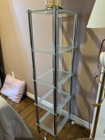 Full view of the metal and glass 5-tier shelf unit showing all five shelves and metal frame.