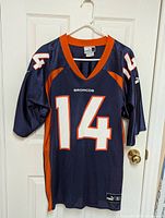 Front view of Denver Broncos football jersey showing number 14 and Broncos logo in navy blue with orange accents.