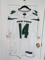 Front view of the white New York Jets football jersey with green number 14 and "NEW YORK" text.