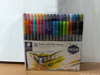 Front view showing the 36 double-ended colour fibre-tip markers with colorful caps and an illustrated landscape on packaging.