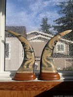Pair of vintage water buffalo horns placed side by side on wooden bases, showing dragon and phoenix carvings on front side.