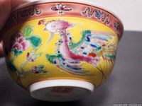 Side view showing multicolored phoenix and floral motif on yellow ground