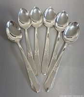 Six Northumbria sterling silver teaspoons arranged in fan shape showing front of spoons and decorative emblem on handles.
